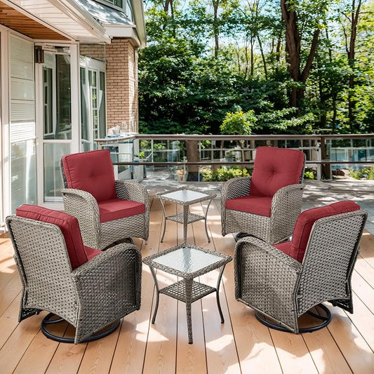 Outdoor Swivel Glider Rocker Chairs Set of 4 - Wicker Patio Furniture Set All Weather Patio Conversatio Sets with 2 Tempered Glass Side Table for Deck Backyard - Grey Wicker Red Cushion