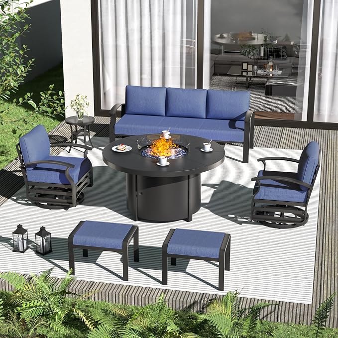 ALAULM Aluminum Patio Furniture Set with Coffee Table Rectangular, 5-seat Outdoor Sectional Furniture w/2 Swivel Chairs, Patio Conversation Set for Porch, Backyard, Poolside-Grey