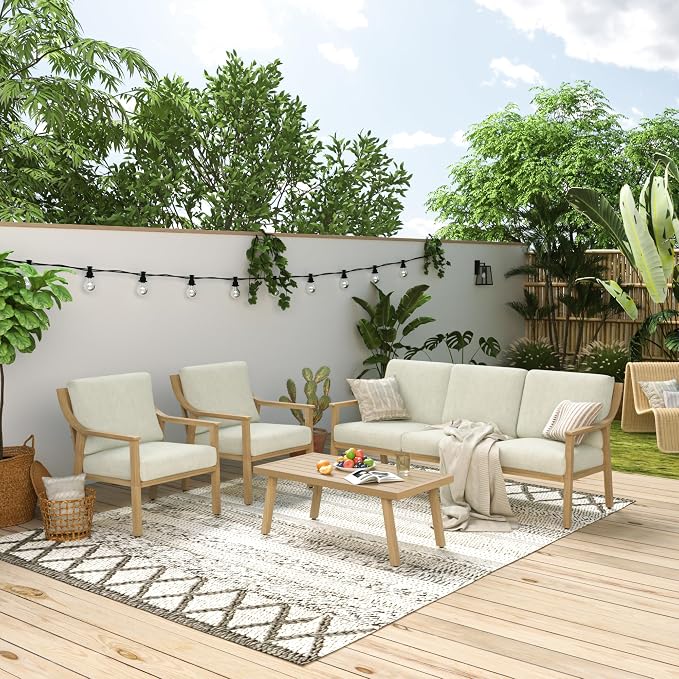 HAPPATIO 4-Piece Outdoor Patio Furniture Set for 5, Aluminum Outdoor Conversation Set Includes 1 Three-Seater Sofa, 2 Armchairs, and 1 Coffee Table, Perfect for Porch, Deck, Garden, (Beige)