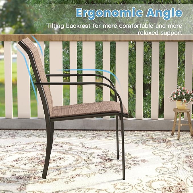 DIFY Outdoor Dining Set for 8, Patio Dining Furniture Set Includes 53" Black Round Table with Adjustable Umbrella Hole and 8 Brown Stackable Metal Chairs for Poolside, Garden, Backyard