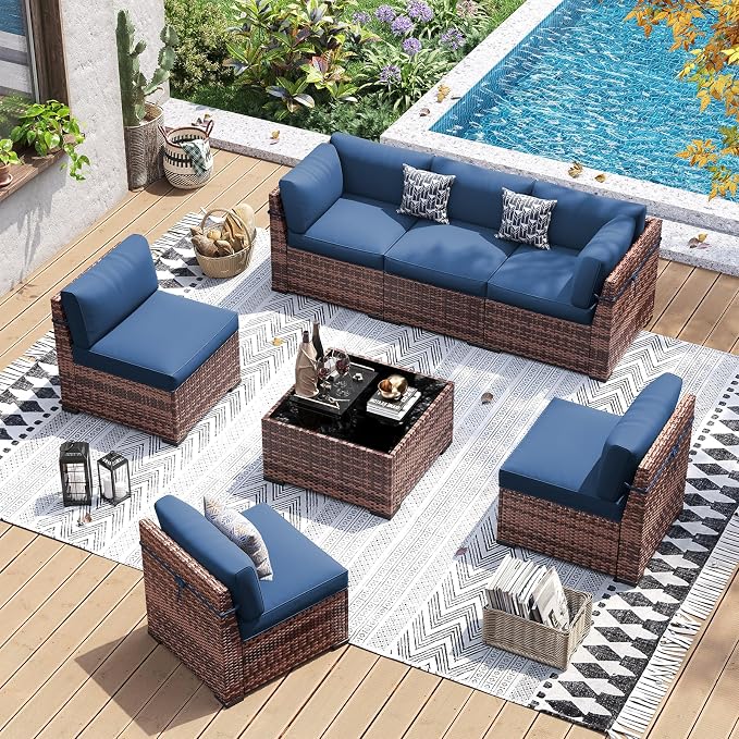 UDPATIO Patio Furniture Set, 7 Pieces Outdoor Sectional Sofa with 105°Slanted Back, Modular Rattan Conversation Set for Poolside, Backyard, Deck, with Coffee Table, Blue