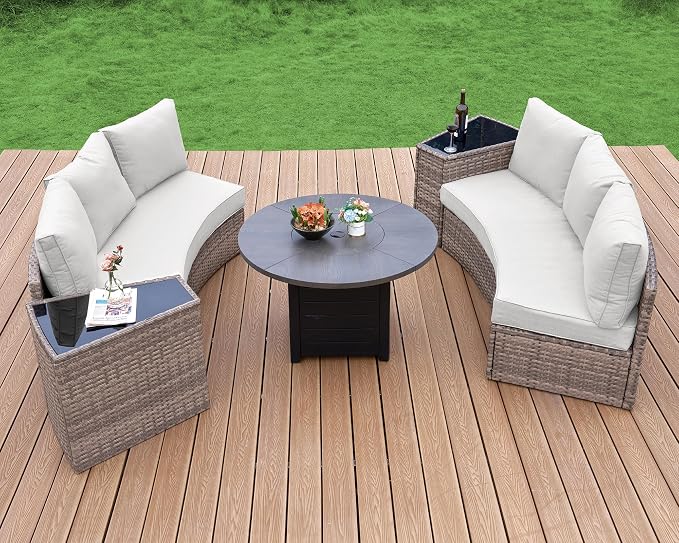LUXOAK 6-Piece Wicker Patio Furniture Set, Waterproof Half-Moon Sectional Sofa with Cushions, Rattan Outdoor Conversation Set for Garden, Pool, Beach & Balcony, Beige