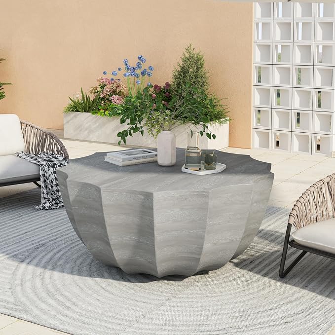 35.43" Faux Stone Coffee Table Round for Indoor or Outdoor Concrete Coffee Tables MgO Cement Center Tables for Living Room, Patio, Garden, Backyard, Balcony, Waterproof, Grey Bowl