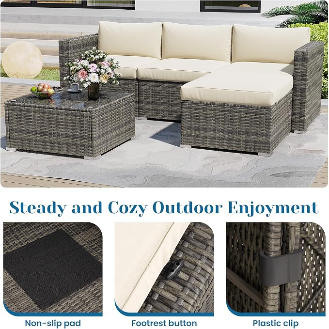 5 Pieces Outdoor Patio Furniture Set, Patio Sectional Furniture Set, All-Weather Wicker Rattan Patio Conversation Set with Washable Thick Cushions and Coffee Table, Outdoor Patio Sofa Couch Set, Beige