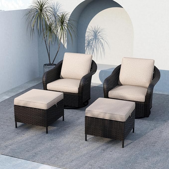 Outdoor Swivel Chairs Set with Ottomans, 4 PCS Patio Conversation Furniture Set with Removable Cushions, All-Weather Wicker Furniture for Porch, Backyard, Deck, Sunroom (Beige)