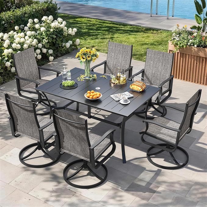7 Pieces Patio Dining Set, Patio Outdoor Furniture Set of 6 Patio Swivel Dining Chairs and Patio Spliced Rectangular Tabletop with Umbrella Hole, for Deck, Backyard, Poolside & Garden