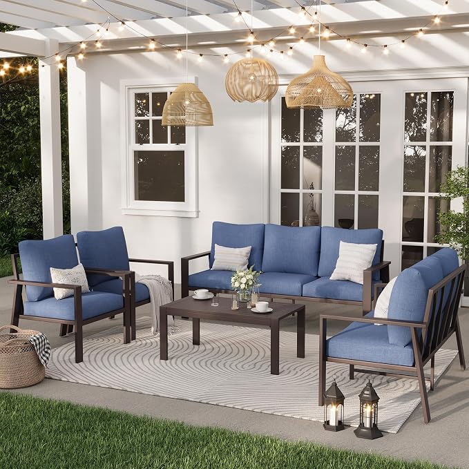Aluminum Patio Furniture Set 5 Pieces Modern Patio Conversation Sets for Porch, Deck, Garden, 7-Seat Outdoor Furniture Metal Sofa Set with 4" Water-Resistant Cushion & Coffee Table,Navy