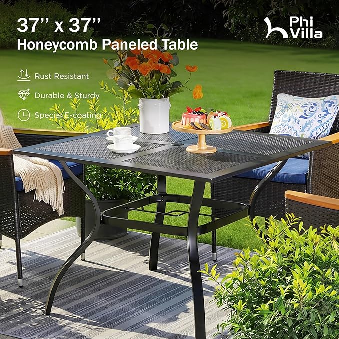 PHI VILLA Patio Table w/Umbrella Hole, Metal Table w/Mesh Top, Black | 37" wrought iron dining table for 4, weather resistant. Perfect for patio, deck, porch, backyard.