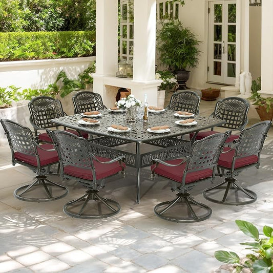 SOCIALCOMF 9-Piece Patio Cast Aluminum Dining Set, Outdoor Table and Chairs Set for 8, Includes 64" Large Square Dining Table and 8 Swivel Rocker Chairs with Umbrella Hole for Lawn Garden, Red