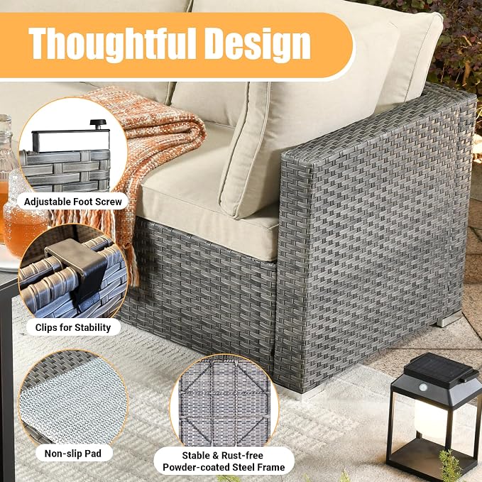 Weaxty 8 Piece Outdoor Sectional with Fire Pit Table, All Weather Wicker Patio Furniture Set with Swivel Rocker Chair Coffee Table, Thick Cushion Couch Conversation Sets for Garden Deck Backyard Beige