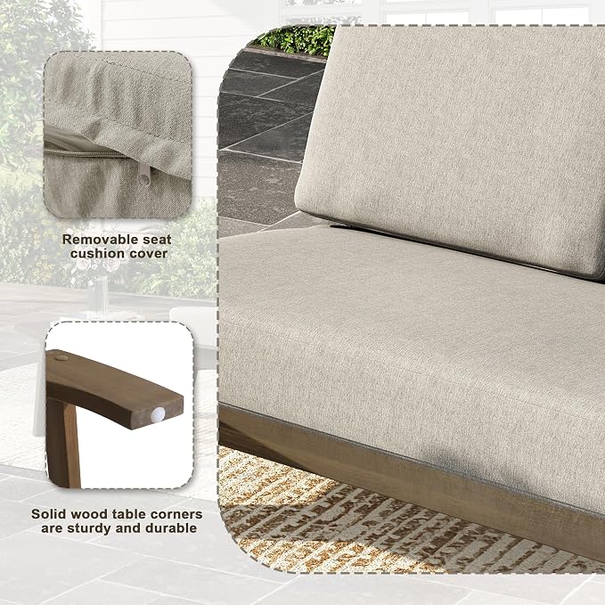 Wood Patio Furniture Sets, 3 Pieces All Weather Patio Loveseat Sofa Outdoor Sectional Futniture Backyard Conversation Set with Solid Wooden Coffee Table - Light Camel