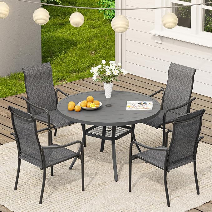 VICLLAX 40.6" Round Patio Table, Outdoor Dining Table for 4 with Umbrella Hole for Garden Lawn Deck Backyard, Dark Grey
