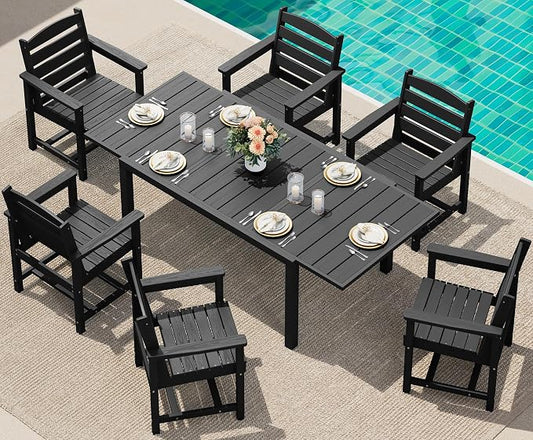 SERWALL 60" - 83" Expandable Outdoor Dining Table and 6 HDPE Chairs, Black | Outdoor Dining Set for 6, All Weather Aluminum and HDPE Outdoor Furniture Set, Extendable Patio Dining Table