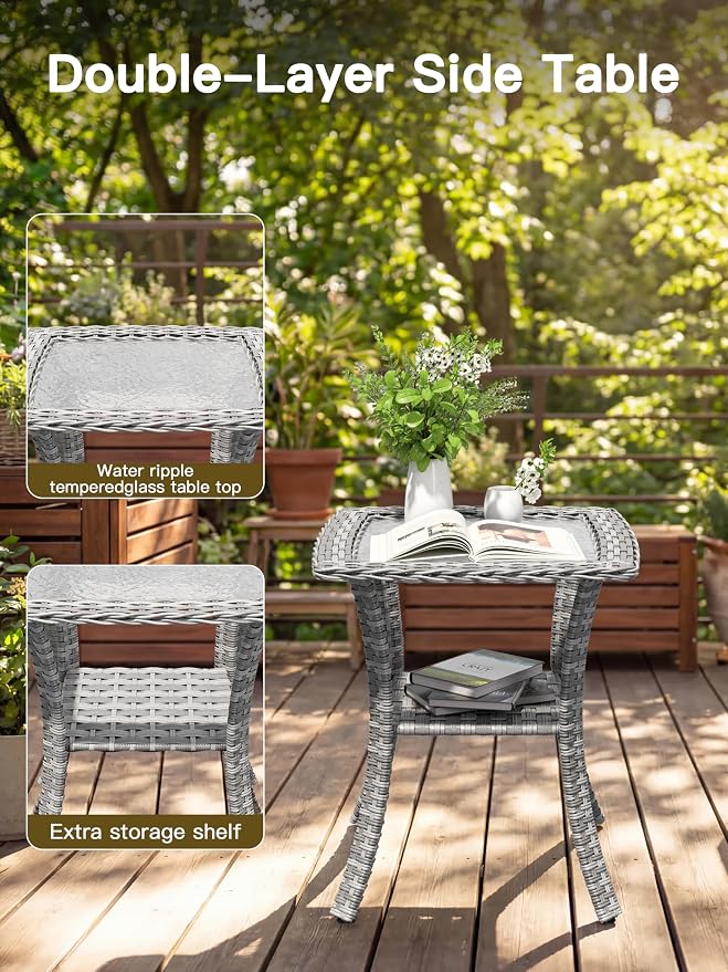 3-Piece Patio Furniture Set, Outdoor Swivel Rocking Chairs with 4" Thick Cushions & Side Table, All-Weather PE Rattan & Rust-Resistant Steel Frame Conversation Set for Porch, Backyard, Turquoise