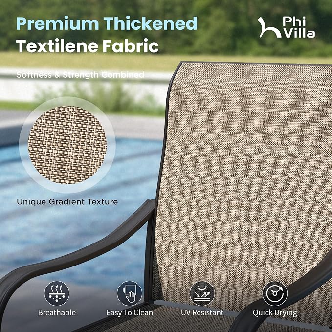 PHI VILLA 8 Pc Outdoor Dining Set with 13ft Umbrella, Swivel Mesh Chairs | 60'' wood-look rectangular table, 6 brown patio textilene chairs and 13ft beige umbrella(NO BASE) for deck, garden, backyard
