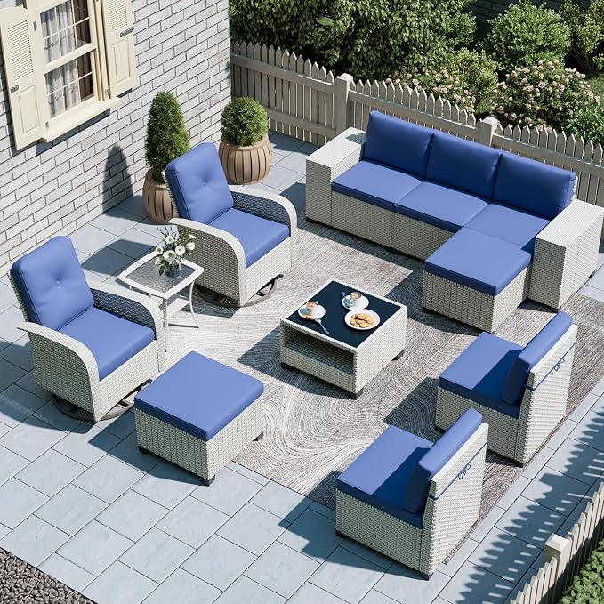 11-Piece Outdoor Patio Furniture Set, Modular Sectional Sofa Set with Swivel Rocker Chairs & Ottomans, Wicker Outdoor Couch Conversation Sets w/Coffee Table and Cushions, Blue