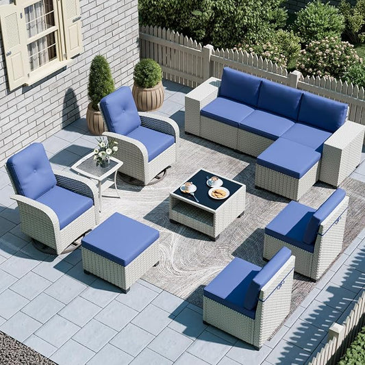 11-Piece Outdoor Patio Furniture Set, Modular Sectional Sofa Set with Swivel Rocker Chairs & Ottomans, Wicker Outdoor Couch Conversation Sets w/Coffee Table and Cushions, Blue