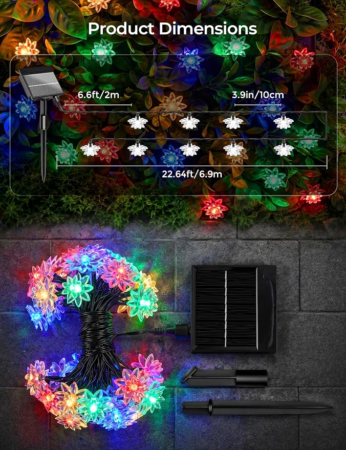 Brightown 50 LED Flower Solar String Lights Outdoor Waterproof, Multicolor | Solar Powered Fairy Lights with 8 Modes for Garden Fence Yard Patio Christmas Tree Party Wedding Decor