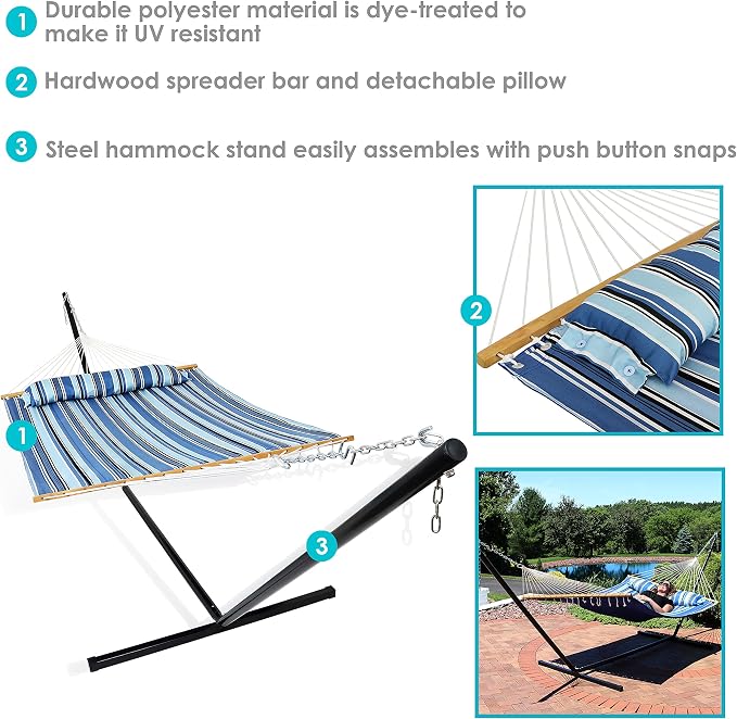 Sunnydaze Quilted Double Hammock with Stand for Outside - 400-Pound Capacity 2-Person Hammock with Stand - 15-Foot Stand - Misty Beach