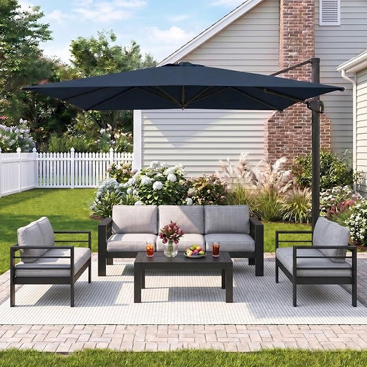 Wisteria Lane 5 Pieces Aluminum Patio Furniture Set with Umbrella, All Weather Oversized Outdoor Furniture Set with Deep Seat and Back Cushion, Patio Conversation Sets Wide armrest, Light Gray & Navy