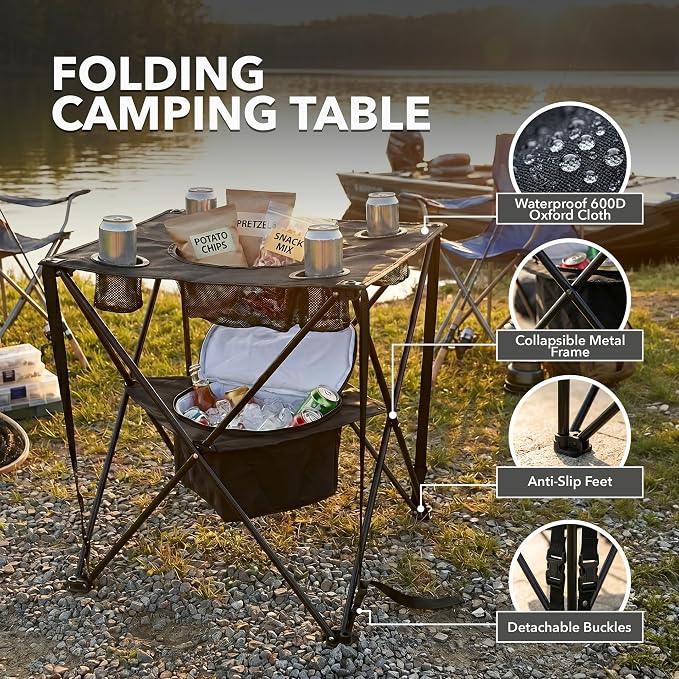 OVENTE Collapsible Folding Camping Table with Insulated Cooler, 4 Cup Holders, Food Basket and Travel Bag, Portable Tailgating Table for Fishing, Outdoor Barbecue or Beach Parties, Black POTC0014B