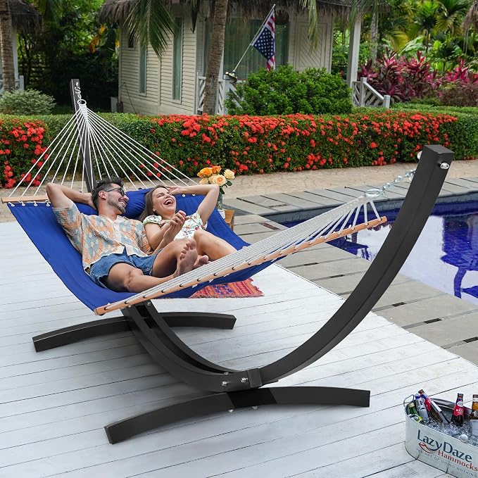 Lazy Daze Hammocks Outside Quilted Hammock with 13 FT Curved Steel Heavy Duty Stand and Pillow for Outdoor, Backyard, Patio, 450 Lbs Capacity, Blue