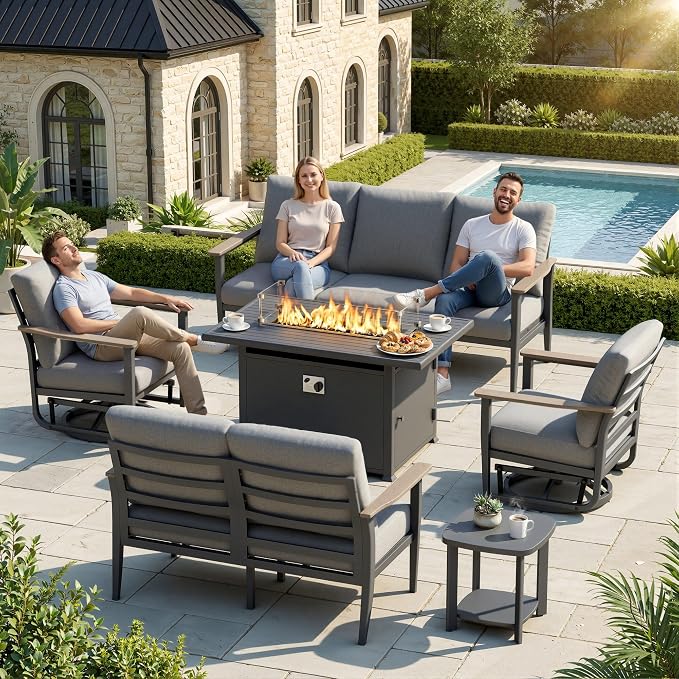 Aluminum Outdoor Patio Furniture Set, 6-Piece Sectional Sofa with 5.1" Thick Cushions, Swivel Rocking Chairs, 55,000 BTU Propane Fire Pit Table, Outdoor Couch for Backyard, Deck, Gray