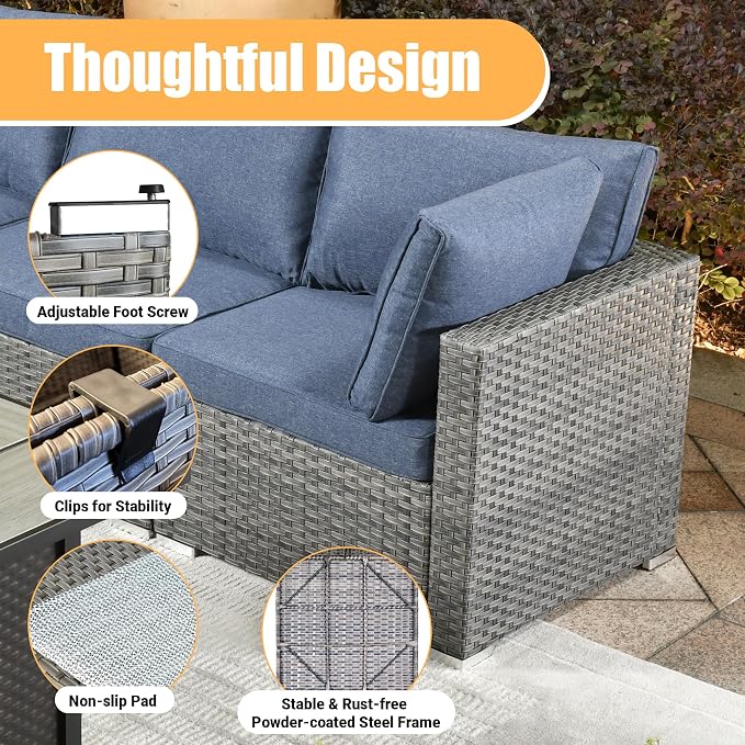 Weaxty 8 Piece Outdoor Sectional with Fire Pit Table, All Weather Wicker Patio Furniture Set with Swivel Rocker Chair Coffee Table, Thick Cushion Couch Conversation Sets for Garden Deck Backyard Blue