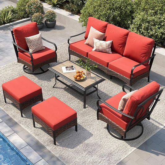PHI VILLA Patio Furniture Set, Upgraded Wicker & Metal Modern Outdoor Conversation Sets Patio Sectional Swivel Chair Set with Coffee Table & Waterproof Thick Cushions for Porch, Deck(6 Pieces, Red)