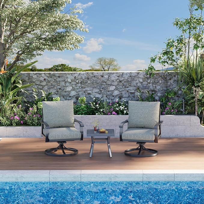 HOMREST Outdoor Swivel Rocker Patio Chairs with Coffee Table 3 PCS Bistro Set, 360 Degree Swivel Rocking Chair Patio Conversation Set with Thickened Cushions for Garden, Deck and Poolside