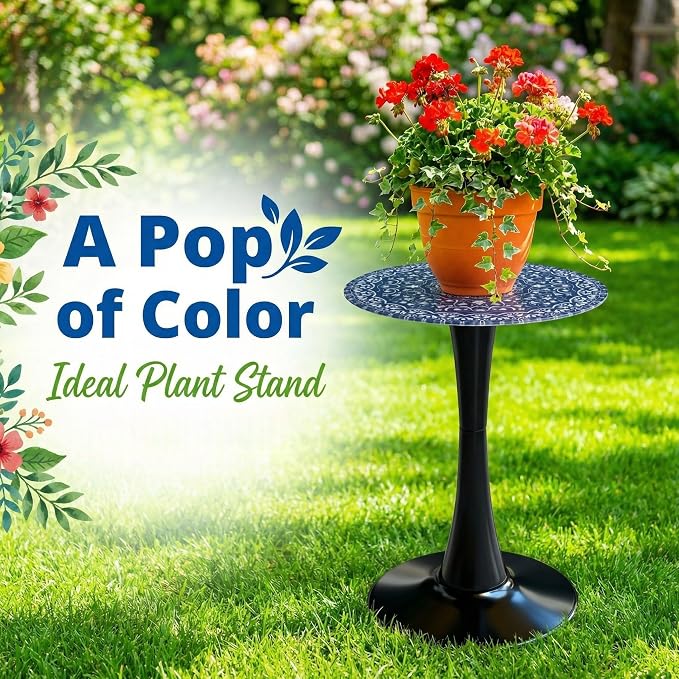 13.4" Outdoor Side Table, Round Patio Bistro Table Printed Tempered Glass Top, Waterproof Rust-Proof Base, Small Plant Stand for Balcony, Garden, Deck, 21.6" H (Blue Maze)
