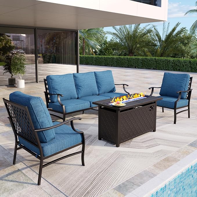 MIXPATIO Patio Furniture Set, 4 Pcs Metal Outdoor Conversation Set, 2 Single Chairs and 3 Seater Sofa with 5.75" Extra Thick Cushion and Gas Fire Pit Table for Backyard Deck, Gemstone Blue
