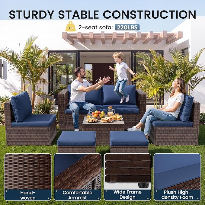 Amopatio Patio Furniture Set, Space-Saving Nestable All-Weather Wicker Outdoor Conversation Sofa Set with Glass Coffee Table, Cushions & Ottomans for Deck Backyard Porch Lawn Navy Blue