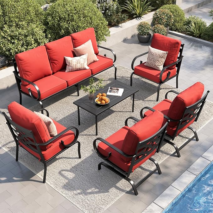 PHI VILLA Patio Furniture Set, 3-Seater Sofa, 2 Fixed Chairs, 2 Rocking Chairs and a Coffee Table, Outdoor Metal Conversation Set with 5.75" Extra Thick Cushion for Garden Backyard Deck, Red
