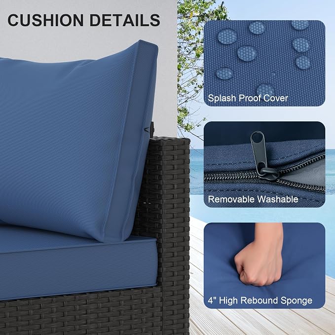 Patio Furniture Set, 6PCS Patio Sectional w/ Fire Pit Tabel Ottoman Wicker Rattan Outdoor Furniture with Thickened Cushion Modular Wicker Patio Conversation Set with Glass Top Table for Balcony(Blue)