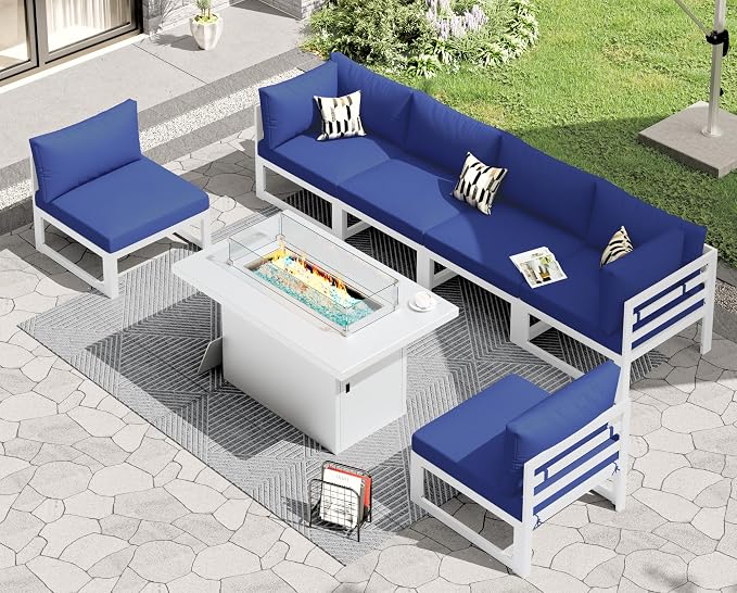 RADIATA 7 Piece Extra Large Modern Aluminum Outdoor Sofa with Fire Pit Table, 29" Deep Wide Seat, 500 lbs Durable Sectional Set for Heavy People, Anti-Rust Patio Furniture Set for Backyard, Navy Blue