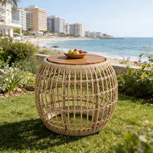 Christopher Knight Home Thalton Outdoor Side Table with Faux Wicker, Acacia Wood End Table, Round Patio Side Table, Accent Table for Garden Balcony Poolside and Indoor Use, Garden Stool, Light Brown