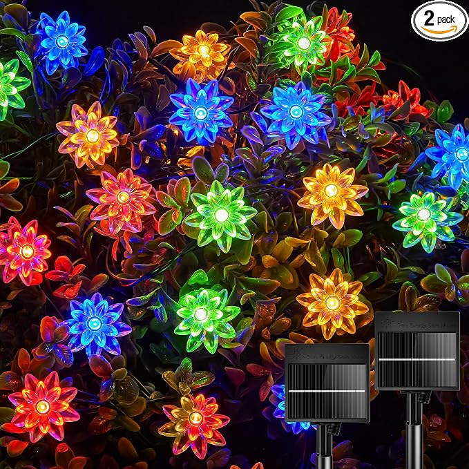 Brightown 2 Pack Flower Solar String Lights Outdoor Waterproof, Multicolor | Total 46FT 100 LED Solar Powered Fairy Lights with 8 Modes for Christmas Yard Garden Tree Patio Lawn Holiday Outdoor Decor