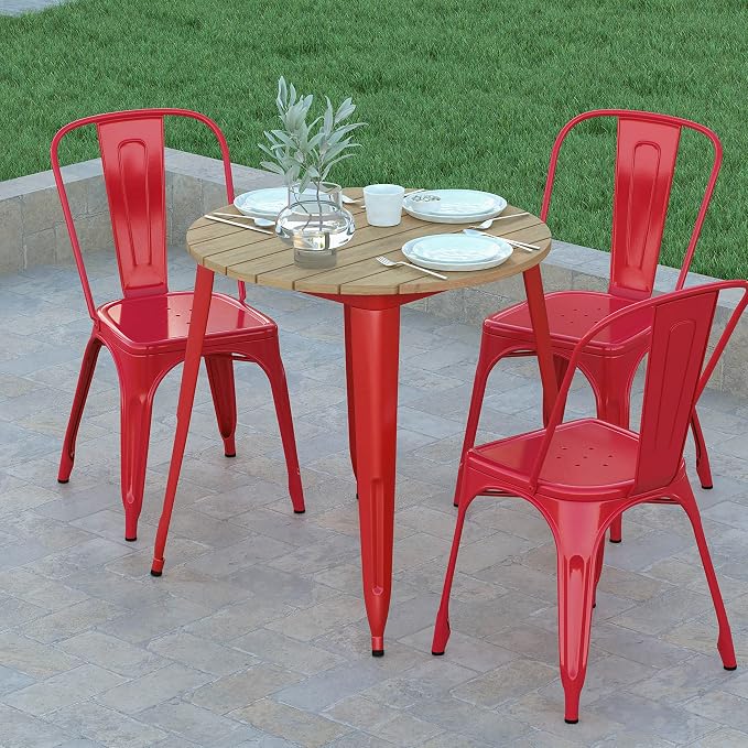 EMMA + OLIVER Drew Dining Table - Brown 30" Round Poly Resin Table Top - Red Steel Base - All-Weather for Indoor/Outdoor Use