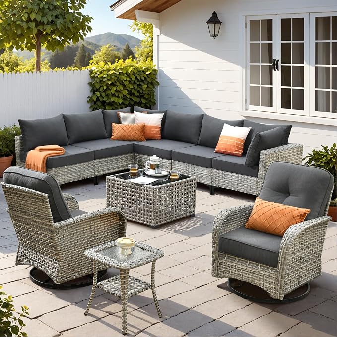 10 Pieces Wicker Patio Furniture Set,Outdoor Sectional Sofa with Swivel Chairs Coffee Table,Outside Deep Seat Rattan Couch Conversation Set,Black