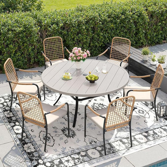 DIFY 7 Pieces Outdoor Dining Set for 6, 50" Round Dining Table with Umbrella Hole & Wicker Stackable Patio Chairs with Cushions, Metal Patio Table and Chairs Set for Backyard Porch, Grey Wood-Like