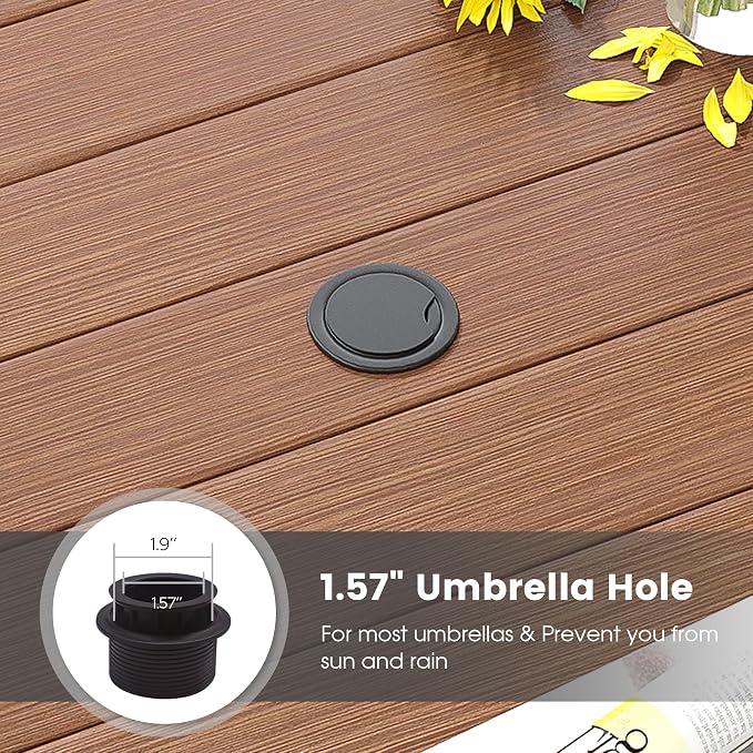 DIFY 63" Round Outdoor Patio Dining Table for 8-10, Metal Patio Table with 1.57" Adjustable Umbrella Hole, All-Weather Outdoor Furniture Table for Garden Backyard Deck, Walnut