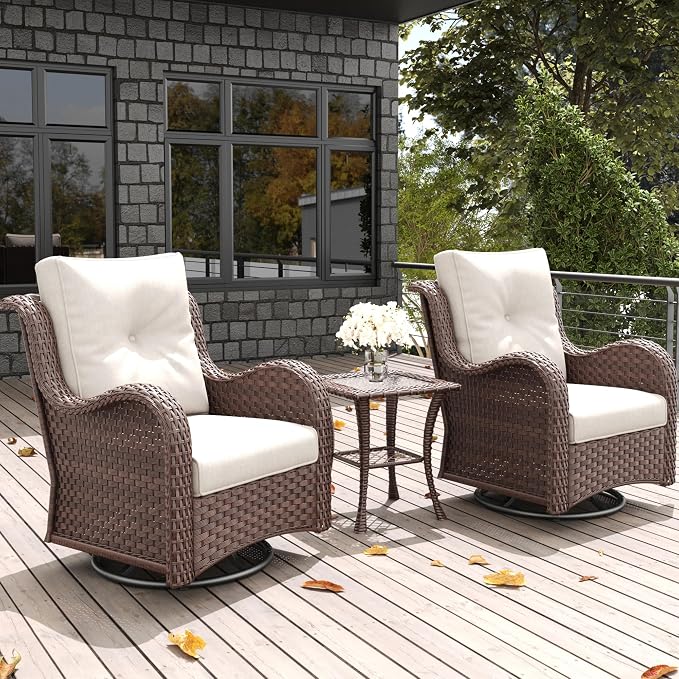 LayinSun 3 Pieces Outdoor Patio Furniture Set, Rattan Wicker Swivel Rocker Chairs Sets with Swivel Glider Chairs and Coffee Table