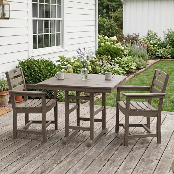 WILLIAMSPACE 37.8" Outdoor Patio Dining Set with 2 Armchairs, All Weather HDPE Square Dining Table with Umbrella Hole, Patio 3-Piece Bistro Set for Backyard, Balcony, Lawn, Kitchen (Brown)