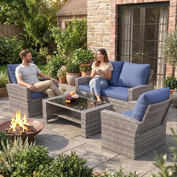 UDPATIO Patio Furniture Set, Outdoor Furniture Sets with Loveseats Sofa, Wicker Rattan Outdoor Conversation Set with Storage CoffeeTable for Backyard, Deck, Porch, Grey/Navy