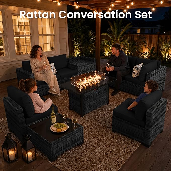 8-Piece Modular Patio Furniture Set with Storage Box Outdoor Sectional Sofa | Patio Conversation Set with Coffee Table, PE Rattan Wicker Couch with Waterproof Cushions for Backyard, Deck & Porch, Black