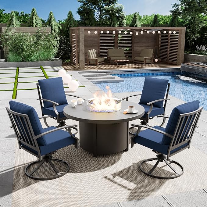 5 Piece Metal Outdoor Patio Furniture Set with 48" Round Propane Fire Pit, Outdoor Dining Table Set with 4 Swivel Chairs and 55000 BTU Outdoor Fire Pit, Navy