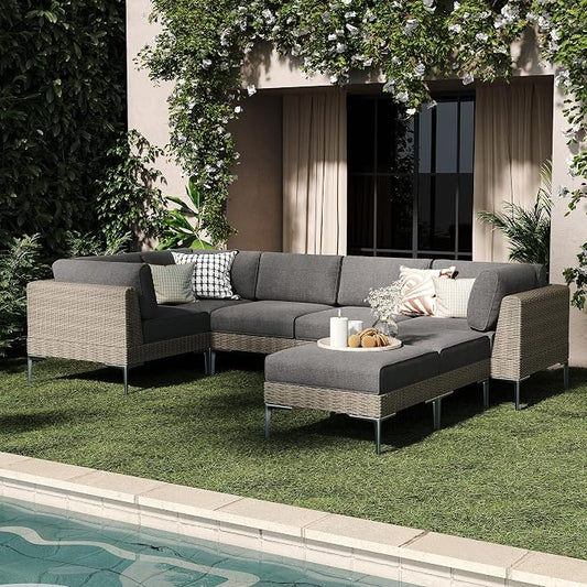 LayinSun 7-Piece Wicker Rattan Patio Furniture Set, Deep Seating Outdoor Modular Sectional Sofa Conversation Set with Thick Cushions for Lawn, Garden