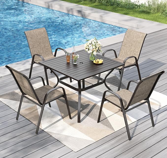 PHI VILLA 5 Piece Outdoor Dining Set, Stackable Patio Chairs & Metal Table | Textilene mesh chairs & 37'' Square Table. E-coated metal frame for patio, deck, lawn, garden. Rust-resistant, easy-clean