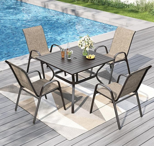 PHI VILLA 5 Piece Outdoor Dining Set, Stackable Patio Chairs & Metal Table | Textilene mesh chairs & 37'' Square Table. E-coated metal frame for patio, deck, lawn, garden. Rust-resistant, easy-clean